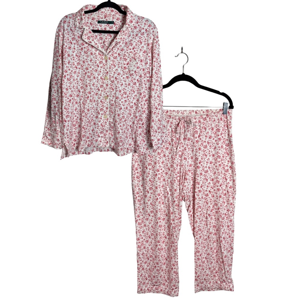 Lauren Ralph Lauren Floral Pajama Set Women’s Large Red White Cotton Sleepwear